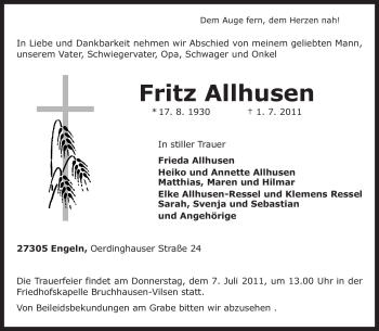 Traueranzeige von Fritz Allhusen von KREISZEITUNG SYKE