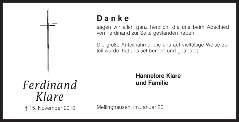  Traueranzeige für Ferdinand Klare vom 08.01.2011 aus KREISZEITUNG SYKE