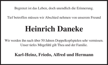 Traueranzeige von Heinrich Daneke von KREISZEITUNG SYKE