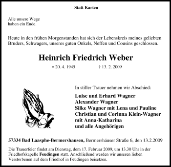 Traueranzeige von Heinrich Friedrich Weber 