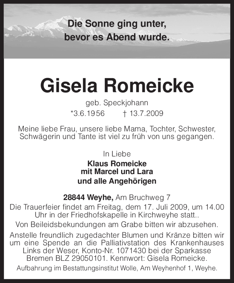  Traueranzeige für Gisela Romeicke vom 15.07.2009 aus KREISZEITUNG SYKE