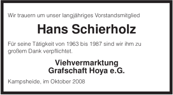 Traueranzeige von Hans Schierholz von KREISZEITUNG SYKE