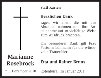 Traueranzeige von Marianne Rosebrock von KREISZEITUNG SYKE