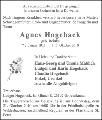 Traueranzeige von Agnes Hogeback von KREISZEITUNG SYKE