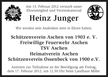 Traueranzeige von Heinz Junger von KREISZEITUNG SYKE