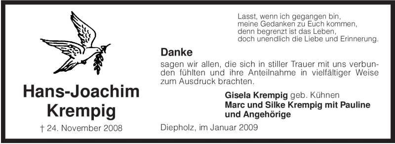  Traueranzeige für Hans-Joachim Krempig vom 10.01.2009 aus KREISZEITUNG SYKE