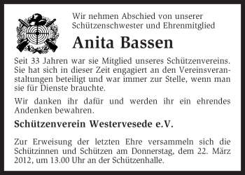 Traueranzeige von Anita Bassen von KREISZEITUNG SYKE