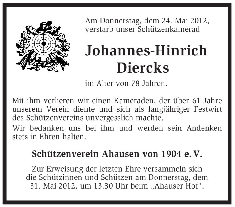  Traueranzeige für Johannes-Hinrich Diercks vom 26.05.2012 aus KREISZEITUNG SYKE