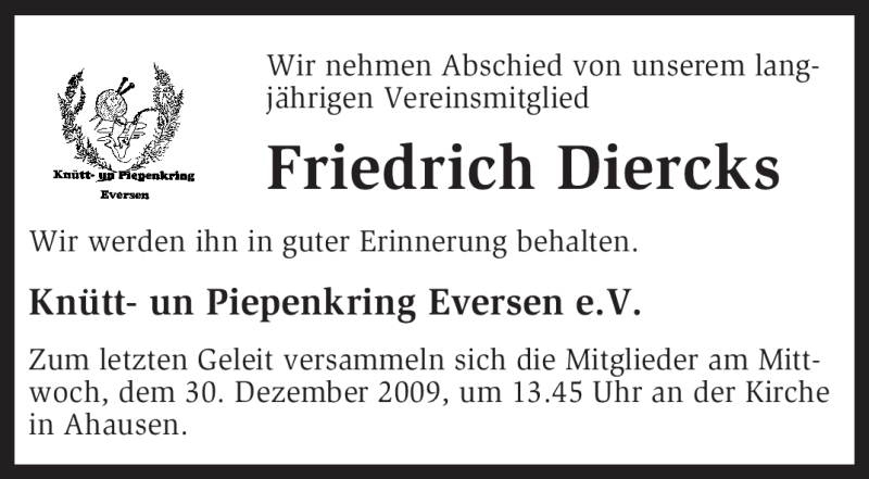  Traueranzeige für Friedrich Diercks vom 29.12.2009 aus KREISZEITUNG SYKE