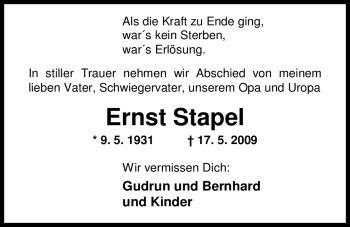 Traueranzeige von Ernst Stapel 