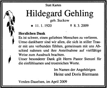 Traueranzeige von Hildegard Gehling von KREISZEITUNG SYKE