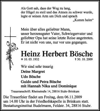 Traueranzeige von Heinz Herbert Bösche von KREISZEITUNG SYKE