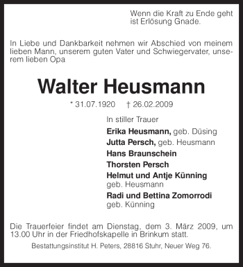 Traueranzeige von Walter Heusmann von KREISZEITUNG SYKE
