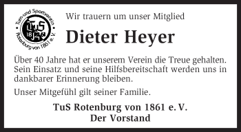 Traueranzeige von Dieter Heyer von KREISZEITUNG SYKE