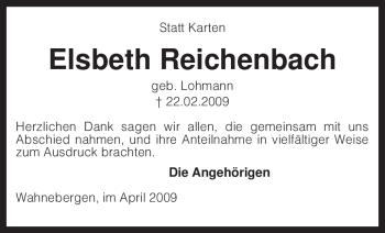 Traueranzeige von Elsbeth Reichenbach von KREISZEITUNG SYKE