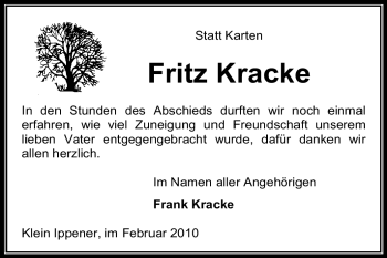 Traueranzeige von Fritz Kracke von KREISZEITUNG SYKE