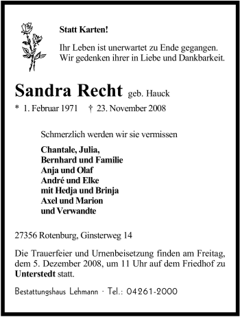 Traueranzeige von Sandra Recht von KREISZEITUNG SYKE
