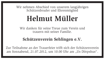 Traueranzeige von Helmut Müller von KREISZEITUNG SYKE