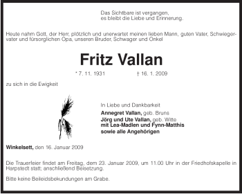 Traueranzeige von Fritz Vallan von KREISZEITUNG SYKE