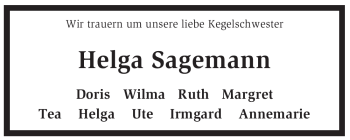 Traueranzeige von Helga Sagemann von KREISZEITUNG SYKE