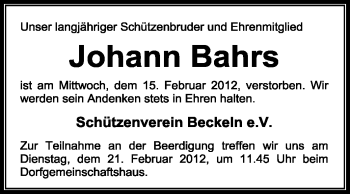 Traueranzeige von Johann Bahrs von KREISZEITUNG SYKE