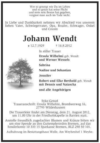 Traueranzeige von Johann Wendt von KREISZEITUNG SYKE