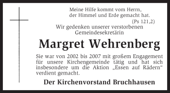 Traueranzeige von Margret Wehrenberg von KREISZEITUNG SYKE