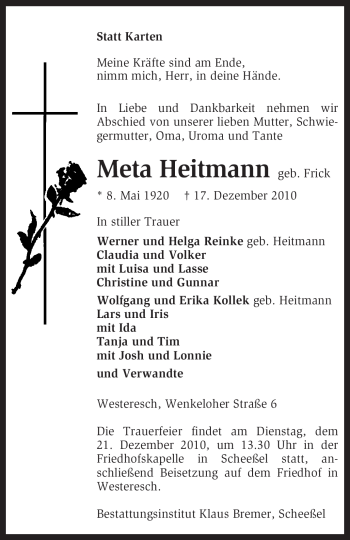 Traueranzeige von Meta Heitmann von KREISZEITUNG SYKE