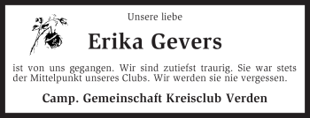 Traueranzeige von Erika Gevers von KREISZEITUNG SYKE