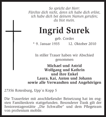 Traueranzeige von Ingrid Surek von KREISZEITUNG SYKE