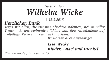 Traueranzeige von Wilhelm Wicke von KRZ