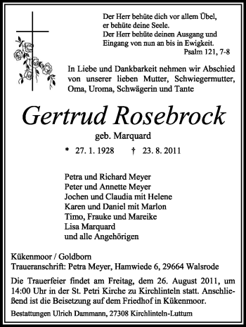 Traueranzeige von Gertrud Rosebrock von KREISZEITUNG SYKE