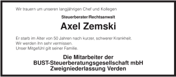 Traueranzeige von Axel Zemski von KREISZEITUNG SYKE