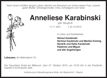 Traueranzeige von Anneliese Karabinski von KREISZEITUNG SYKE