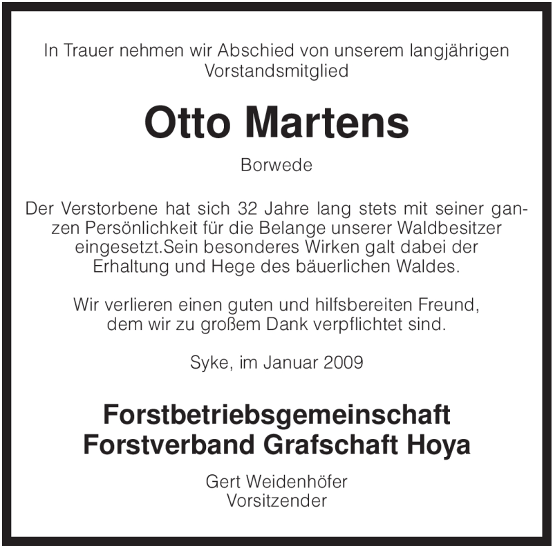  Traueranzeige für Otto Martens vom 22.01.2009 aus KREISZEITUNG SYKE