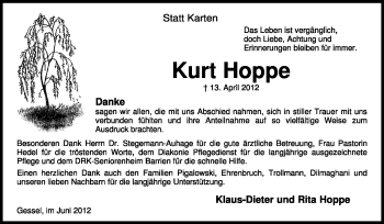 Traueranzeige von Kurt Hoppe von KREISZEITUNG SYKE