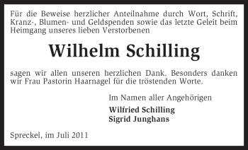 Traueranzeige von Wilhelm Schilling von KREISZEITUNG SYKE