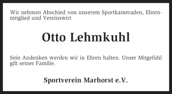 Traueranzeige von Otto Lehmkuhl von KREISZEITUNG SYKE