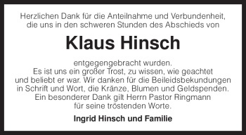 Traueranzeige von Klaus Hinsch von KREISZEITUNG SYKE