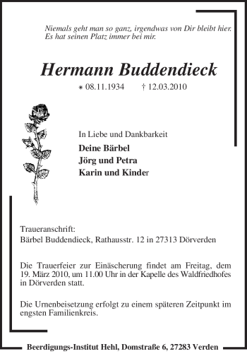 Traueranzeige von Hermann Buddendieck von KREISZEITUNG SYKE