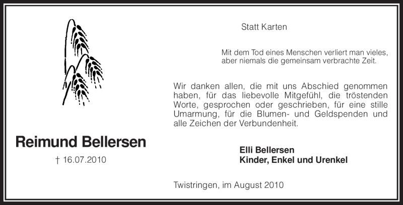  Traueranzeige für Reimund Bellersen vom 14.08.2010 aus KREISZEITUNG SYKE