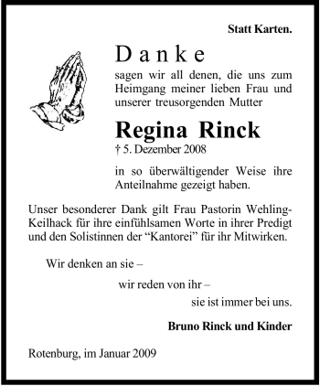 Traueranzeige von Regina Rinck von KREISZEITUNG SYKE