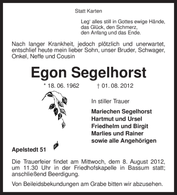 Traueranzeige von Egon Segelhorst von KREISZEITUNG SYKE