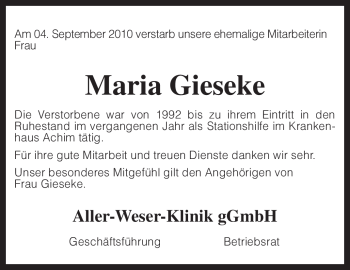 Traueranzeige von Maria Gieseke von KREISZEITUNG SYKE