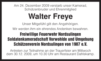 Traueranzeige von Walter Freye von KREISZEITUNG SYKE