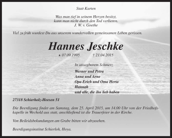 Traueranzeige von Hannes Jeschke von KRZ