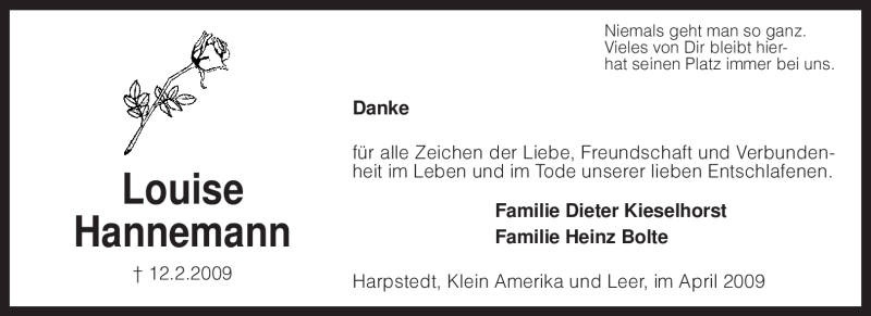  Traueranzeige für Louise Hannemann vom 11.04.2009 aus KREISZEITUNG SYKE