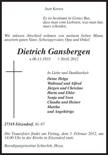 Traueranzeige von Dietrich Gansbergen von KREISZEITUNG SYKE