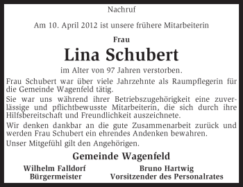 Traueranzeige von Lina Schubert von KREISZEITUNG SYKE