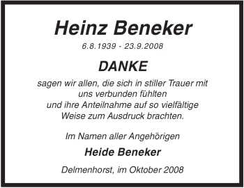 Traueranzeige von Heinz Beneker von KREISZEITUNG SYKE